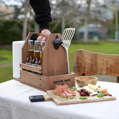 Wooden Grill Caddy Organizer - Versatile BBQ Caddy for Outdoor grill - Portable rustic wood condiment and paper towel holder with bottle opener for picnic and grilling