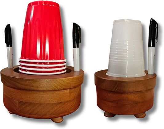 Party Cup Holder with Marker Slots | Drink Organizer for Birthdays, Festive Events, BBQs & Holiday Gatherings | Hosting Essentials for Plastic Cups | Wood Design Two in One (Brown Rustic)