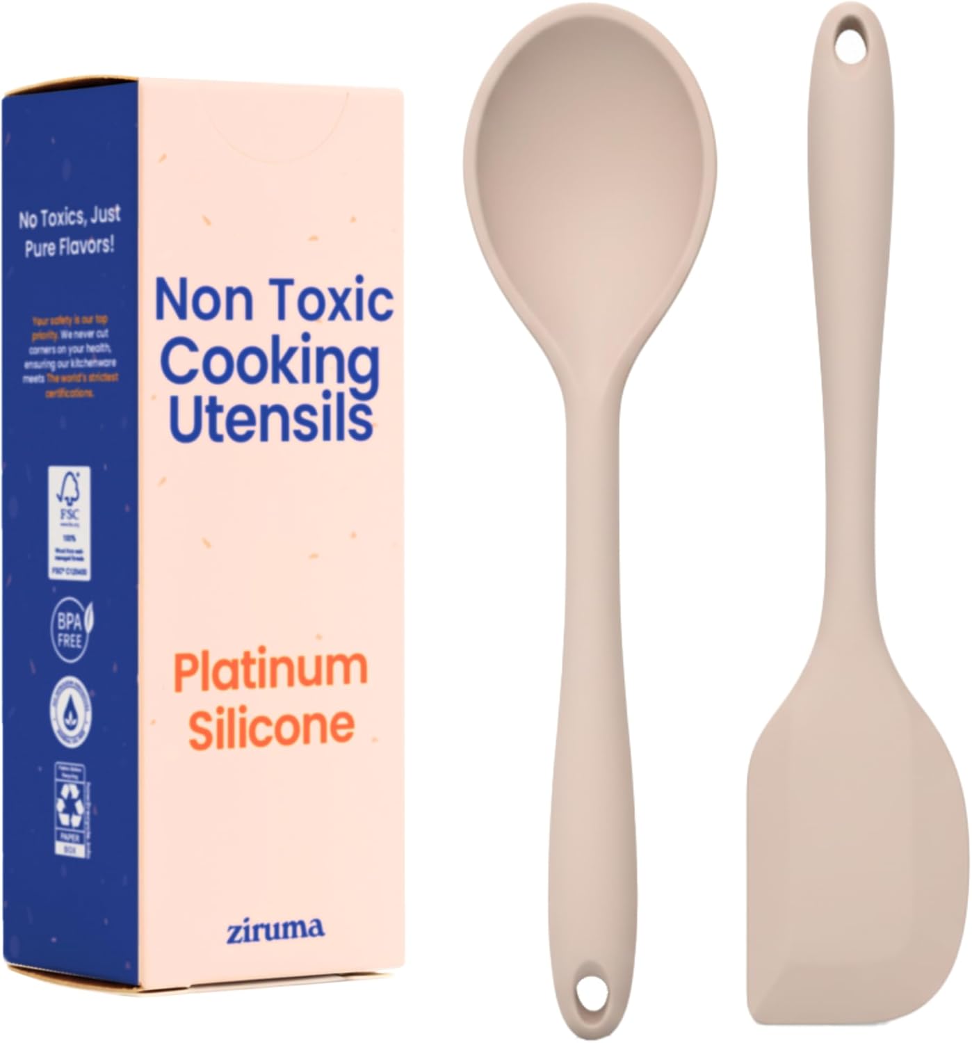 Non-Toxic Platinum Silicone Kitchen Utensil Set of 8 – Non-Scratch Cooking Spoons & Spatulas, 100% Plastic Free, Stainless Steel Core, Heat Resistant 500°F, Beige