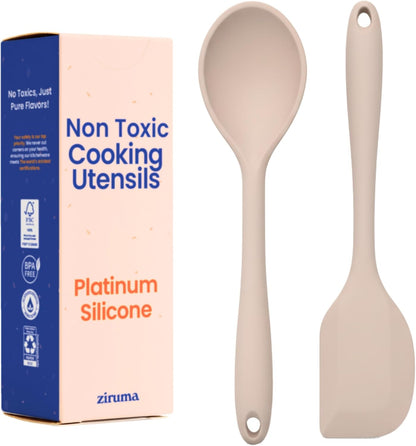 Non-Toxic Platinum Silicone Kitchen Utensil Set of 8 – Non-Scratch Cooking Spoons & Spatulas, 100% Plastic Free, Stainless Steel Core, Heat Resistant 500°F, Beige