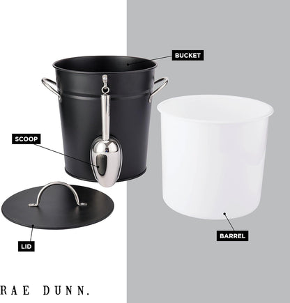 Rae Dunn Ice Bucket with Scoop - Stainless Steel Bucket with Handle, Lid and Ice Scooper - 4 Qt. Storage Bin for Ice Cubes for Bars, Parties, Backyard Barbeques, Picnics, and Camping (Black)