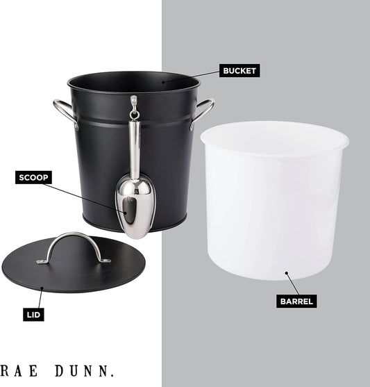 Rae Dunn Ice Bucket with Scoop - Stainless Steel Bucket with Handle, Lid and Ice Scooper - 4 Qt. Storage Bin for Ice Cubes for Bars, Parties, Backyard Barbeques, Picnics, and Camping (Black)
