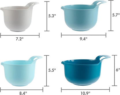 Four-piece nested plastic mixing bowl set with pour spout and handle, blue