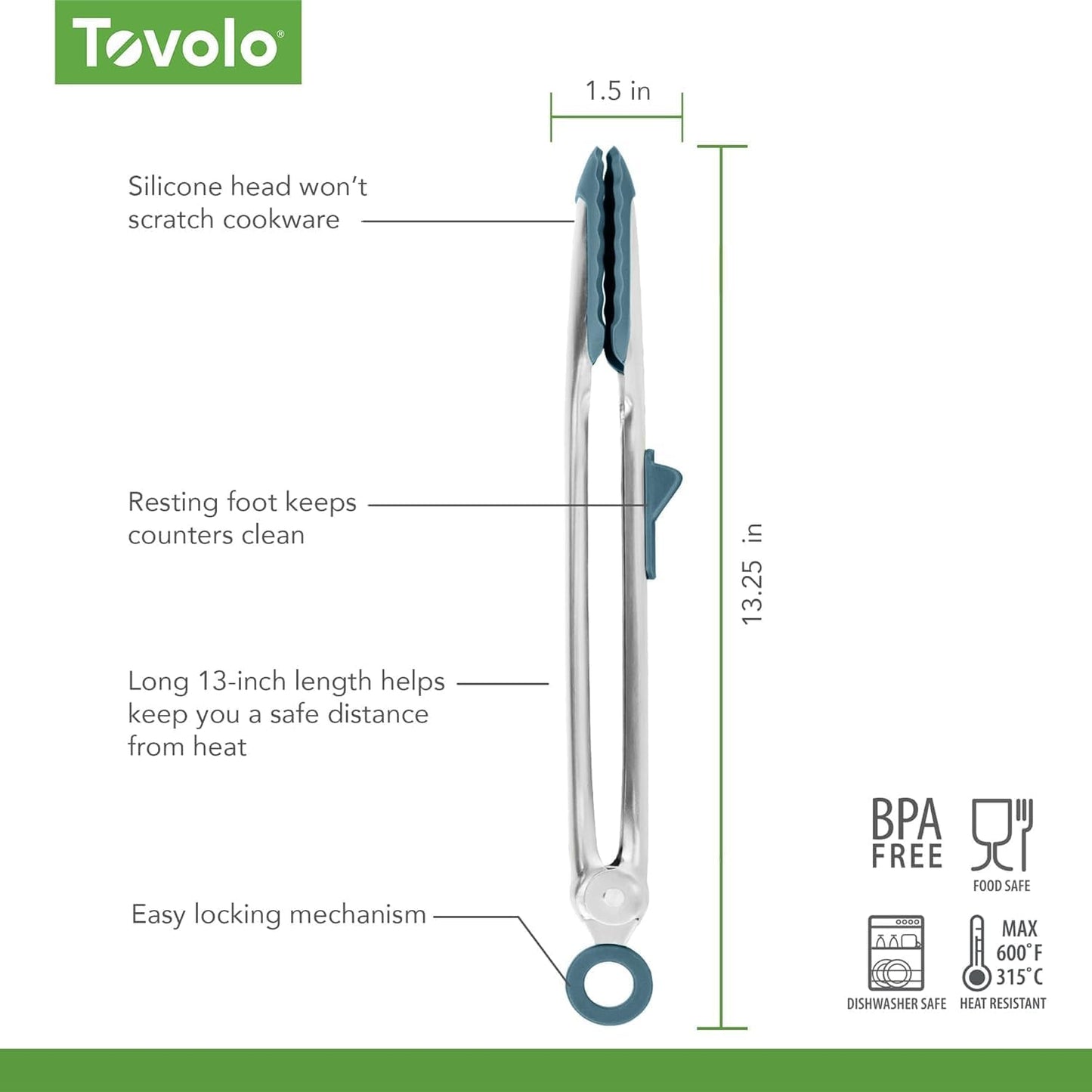 Tovolo Tongs With Silicone Tips Easy Grip 13” Long Kitchen Tongs Stainless Steel Handle For Cooking BBQ, Non Scratch Heat Resistant Locking Metal Silicone Tipped Dishwasher Safe BPA Free, Black