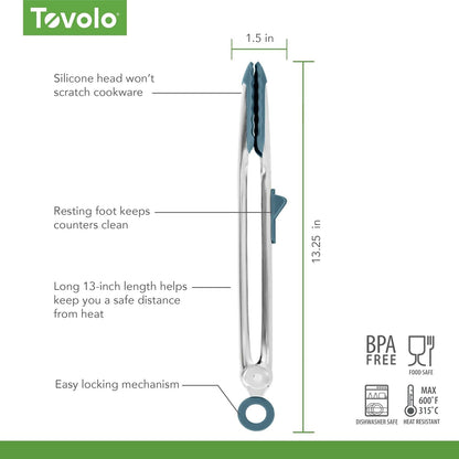 Tovolo Tongs With Silicone Tips Easy Grip 13” Long Kitchen Tongs Stainless Steel Handle For Cooking BBQ, Non Scratch Heat Resistant Locking Metal Silicone Tipped Dishwasher Safe BPA Free, Black