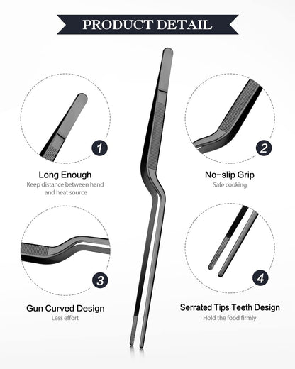 10-inch Cooking Tweezer and Offset Tweezer Set, Tongs Precision Serrated Tips, Stainless Steel Professional Chef Tweezer Kitchen Tools for BBQ, Plating and Serving
