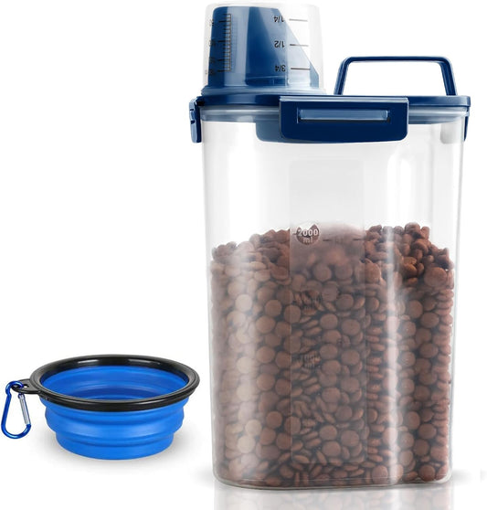 TIOVERY Upgraded Dog Food Storage Container Small, Cat Food Container Airtight, Pet Food Container Dispenser with Pour Spout, Measuring Cup and 4 Seal Buckles for Dogs, Cats, Birds (Blue)
