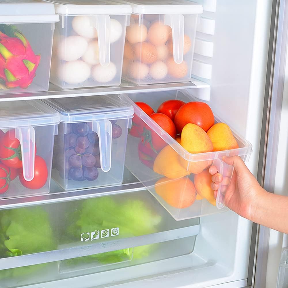 Sooyee Fridge Organizer, 4 Pack Refrigerator Organizer Bins, Clear with Handle & Lid, Fruit Containers for Fridge, Fridge Storage to Keep Fresh for Food, Vegetables, 5L