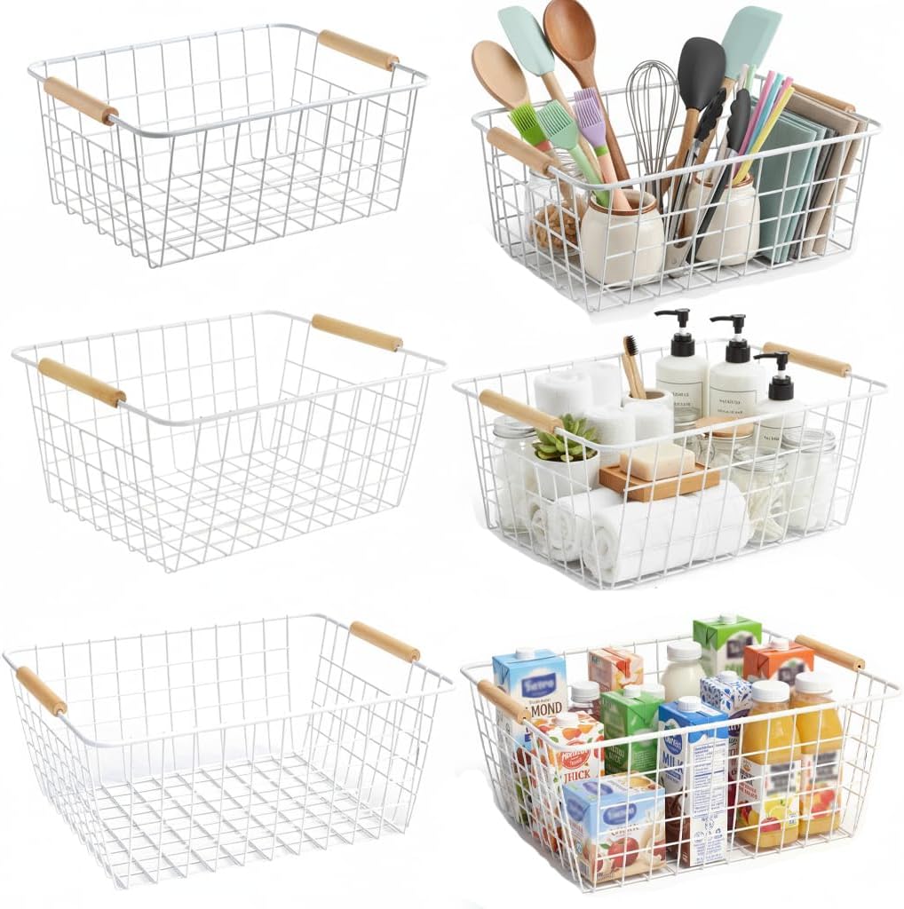 4 Pack White Metal Wire Food Storage Basket Organizer with Wooden Handles for Organizing Kitchen Cabinets Large
