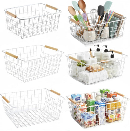 4 Pack White Metal Wire Food Storage Basket Organizer with Wooden Handles for Organizing Kitchen Cabinets Large