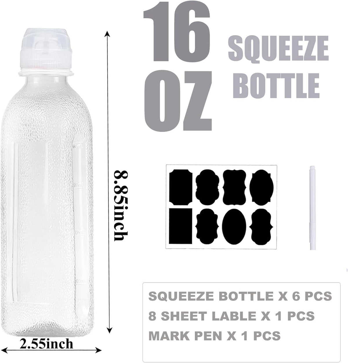 WAYDA Condiment Squeeze Bottles,6 Pack Squeeze Bottles for Sauces, Ketchup Salad Dressing Container, 17oz Plastic Bottles with Squeeze Top for Liquids, BBQ Sauce, Oil