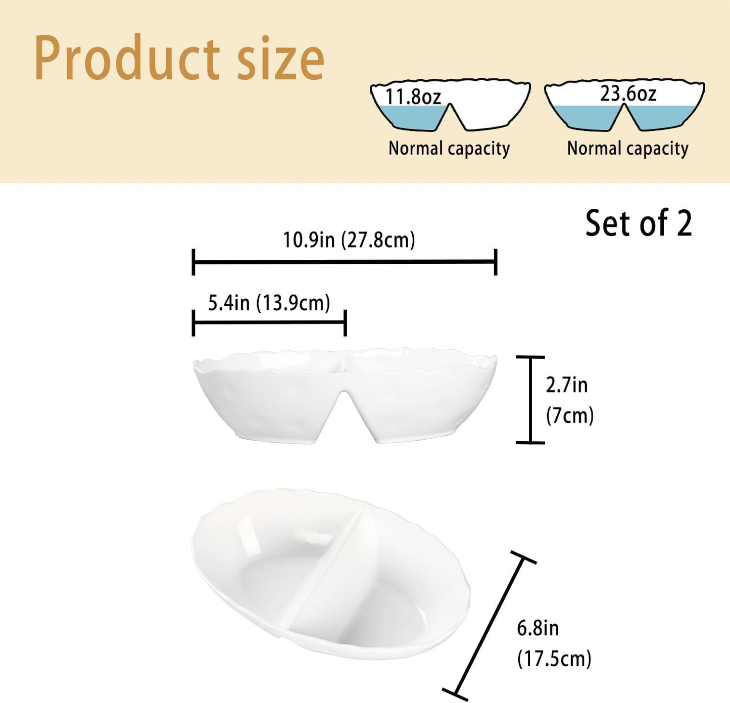 Ceramic 10.9 Inch Chips and Dip Set, Chips and Dip Divided Tray, Moisture Proof Cereal Bowl (for Salad, Pasta, Fruit, Sauce), Divided Moisture Proof Cereal Bowl Buffet Bowl Set