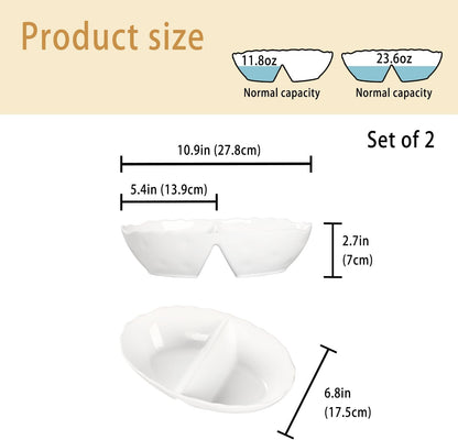 Ceramic 10.9 Inch Chips and Dip Set, Chips and Dip Divided Tray, Moisture Proof Cereal Bowl (for Salad, Pasta, Fruit, Sauce), Divided Moisture Proof Cereal Bowl Buffet Bowl Set