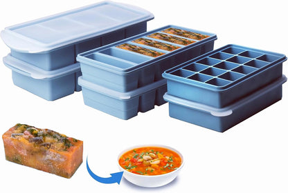 3-Pack Silicone Freezer Trays with Lid,4 Large 1-Cup(250ml)&6 Medium 1/2-Cup(125ml)&15 Small 2 Tbsp(30ml) Soup Freezer Container Molds,Ice Cube Tray For Meal Prep&Freezing Soup,Herbs (Blue 3 Pack)