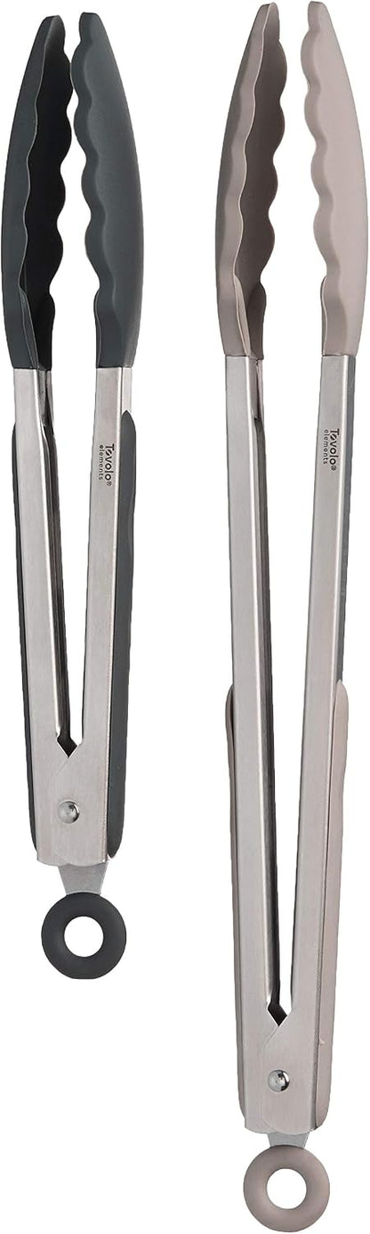 Tovolo Stainless Steel Tongs with Silicone Tips Set of 3 Mini 7” 9” 12 Inch with Easy Lock Mechanism for Cooking Grilling Air Fryer Serving, Red Black Charcoal Gray Heat Resistant Kitchen Tongs