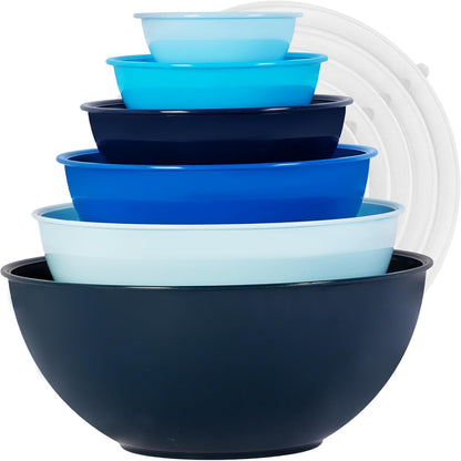 BoxedHome BPA Free Plastic Round Mixing Bowl with Lids, 12 Pack Nesting Bowls with Lids Set, Microwave and Dishwasher Safe Prep & Serving Bowls Great for Mixing, Baking, Serving (pinkish green, 12pcs)