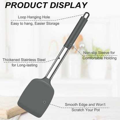 TeamFar Kitchen Utensils, 4 PCS Silicone Cooking Utensils Spatula Spoon Set with Stainless Steel Handle, for Frying Mixing Draining Turning, Healthy & Heat-proof, Non-stick & Dishwasher Safe - Black