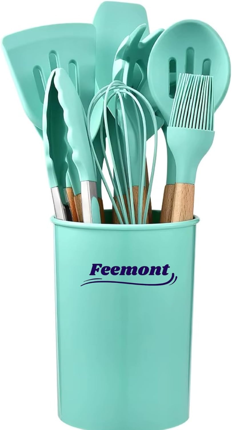 33-Piece Silicone Kitchen Cooking Utensils Set with Holder| Heat-Resistant | Non-Stick Cooking Utensils with Wooden Handles – BPA-Free Cookware Utensils set | Kitchen Tools Great for Gifting (GREEN)