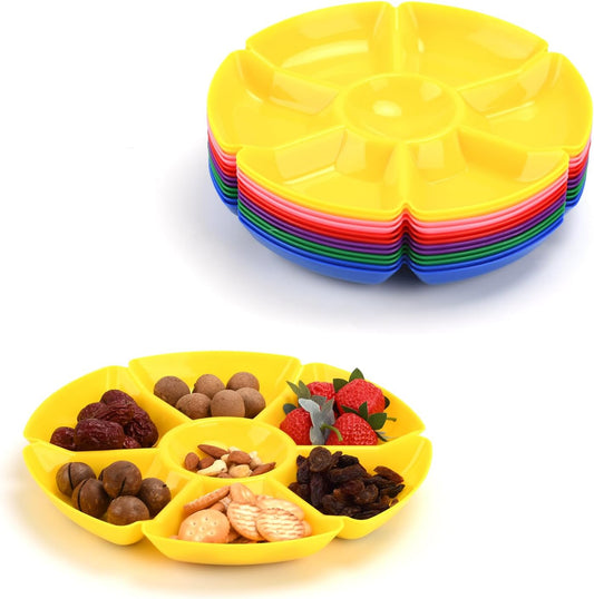 ‌12 Pcs Plastic Serving Trays with 7 Compartments - 10 Inch Round Chip & Dip Thanksgiving Plates for Candy, Nuts, Fruits, Veggies - Party Platter Set, 6 Colors