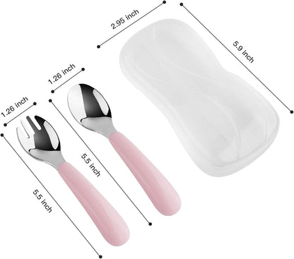 Kirecoo 2 Set Toddler Utensils, Toddler Forks and Spoons, Stainless Steel kids Silverware Set, Designed for Self Feeding Flatware Utensils with Travel Carrying Cases BPA Free (White & Aqua)