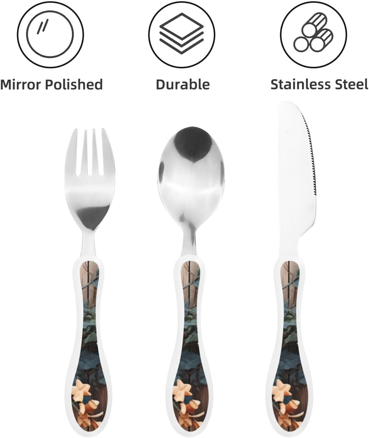 3-Piece Kids Silverware Set With Storage Case, Stainless Steel Reusable Children Safe Knife Spoon Fork Set Leaves Floral On Rustic Wood Children Flatware Set For Kids Lunch Box