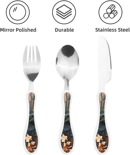 3-Piece Kids Silverware Set With Storage Case, Stainless Steel Reusable Children Safe Knife Spoon Fork Set Leaves Floral On Rustic Wood Children Flatware Set For Kids Lunch Box