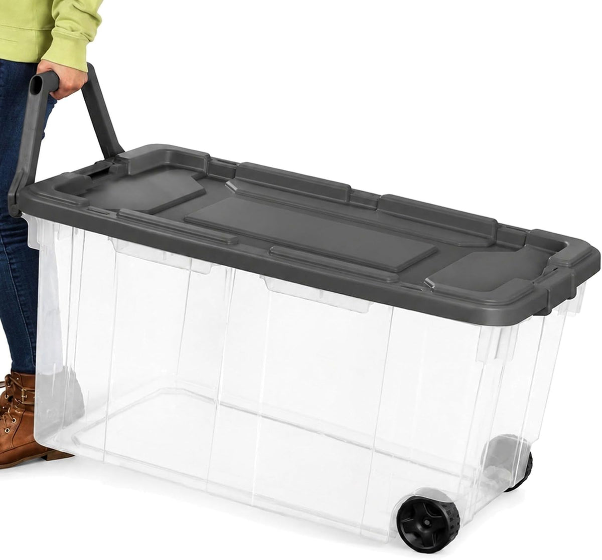 Extra Large Clear Wheeled Storage Bin, 40 Gallon, Plastic Container with Latch Lid and Pull Handle for Closet, Garage, Office