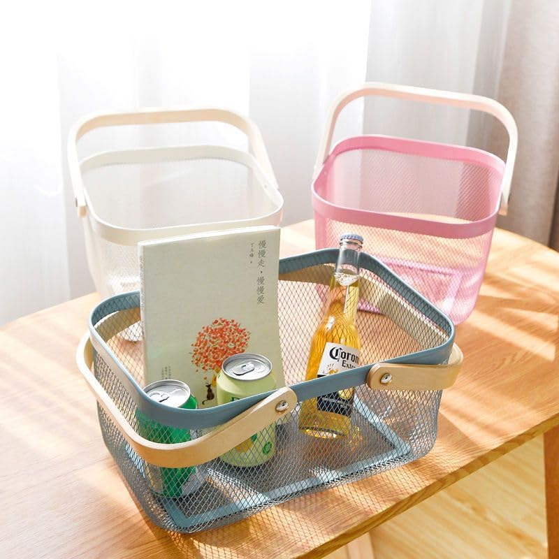 Mesh Steel Storage Organizer Basket Fruit Basket Bin with Wood Handle Ideal for Kitchen Bathroom Picnic Baskets Pantry Cabinets Storage Home Decor (White)