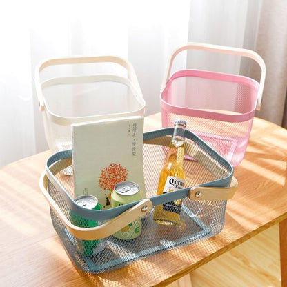 Mesh Steel Storage Organizer Basket Fruit Basket Bin with Wood Handle Ideal for Kitchen Bathroom Picnic Baskets Pantry Cabinets Storage Home Decor (White)