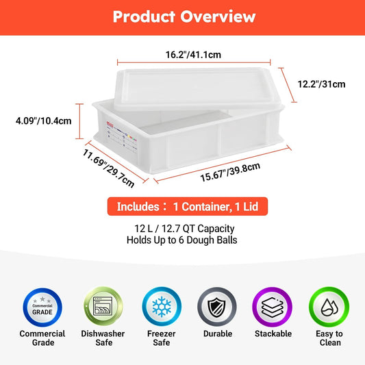Pizza Dough Proofing Box with Lid, Commercial Food Grade Stackable Bread Proofing Container with Label Sticker & 2 Erasable Markers, BPA Free, Fits Up to 6 Dough Balls