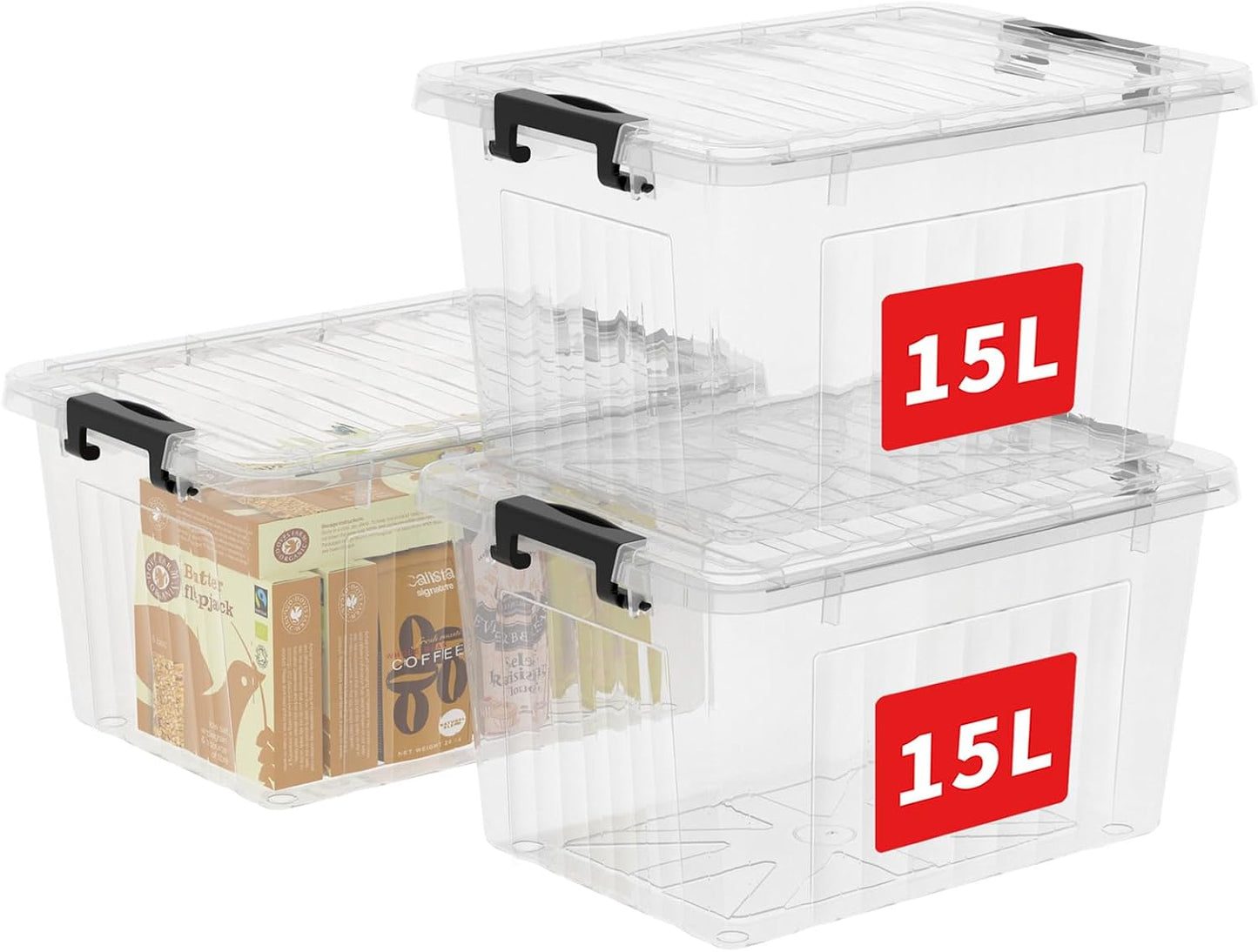 Cetomo 60Qt*6 Plastic Storage Bins, Storage Box, 6 Pack, Organizing Container with Wheels, Durable Lids and Secure Latching Buckles, Stackable and Nestable, Clear with Black Buckle