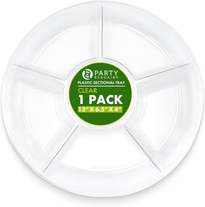 PARTY BARGAINS 12" Round Plastic Serving Tray, 6-Sections, Clear, Pack of 1