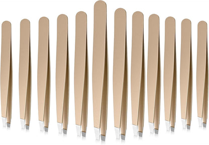 Mudder 12 Pcs Eyebrow Tweezers Set for Facial Hair Stainless Steel Slanted Tip Tweezers in Bulk for Men and Women(Silver)