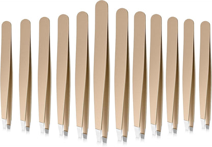 Mudder 12 Pcs Eyebrow Tweezers Set for Facial Hair Stainless Steel Slanted Tip Tweezers in Bulk for Men and Women(Silver)