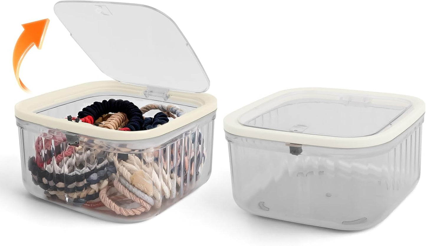 THMINS Hair Accessories Organizer for Girls,Small Plastic Storage Box with Lid for Kids Hair Clips,Ties,Bows&Jewelry,Stackable Dust-Proof Flip Top Container,Desktop Organizer(Clear)