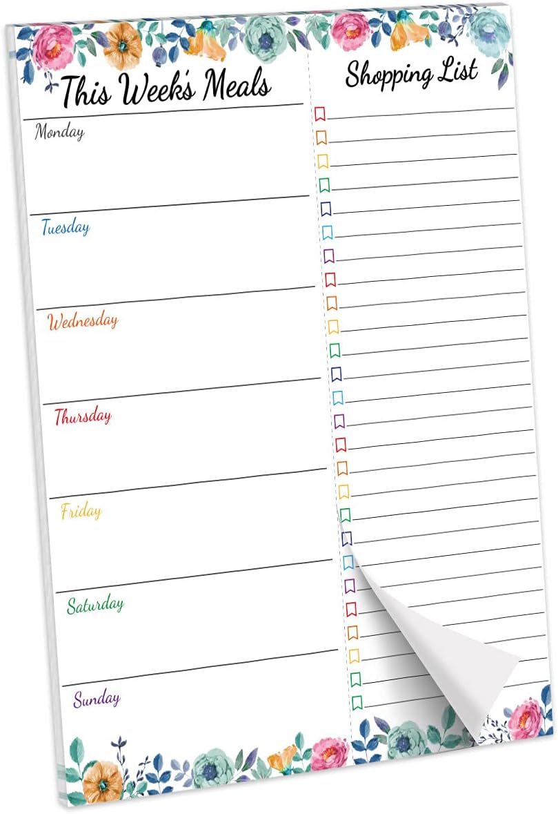 Fancy Land Weekly Meal Planner - Floral Magnetic Notepads for Refrigerator Meal Planning Pad with Tear Off Grocery List 52 weeks 7” X 9”