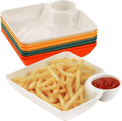 8 pcs Chips and Salsa Serving Dish, Colorful Reusable Chip and Dip Bowl Serving Dishes for Entertaining Plastic Dip Tray Plate with Dipping Sauce Compartment