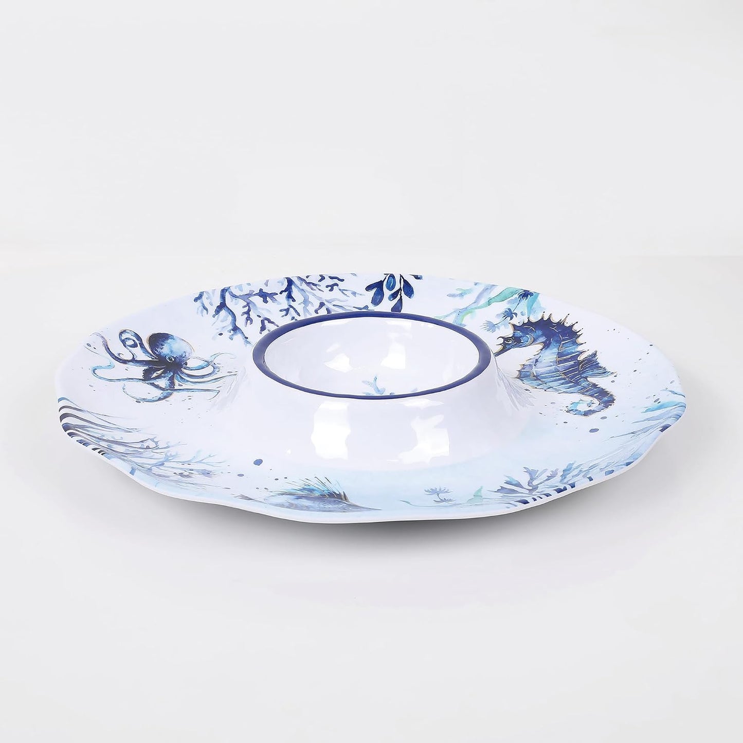 UP Sea Life Melamine Chip and Dip Serving Tray, Round Serving Platter for Chips, Salsa, Fruit, and Snacks, Multicolor, 13.5 Inch