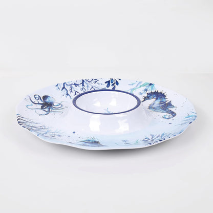 UP Sea Life Melamine Chip and Dip Serving Tray, Round Serving Platter for Chips, Salsa, Fruit, and Snacks, Multicolor, 13.5 Inch