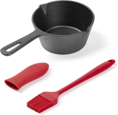 Cast Iron Basting Pot, 15.5 Oz 3 PCS BBQ Sauce Melting Pot Set with Silicone Basting Brush & Handle Cover, Mini Butter Pot for Grilling Smoking Outdoor Grill Accessories