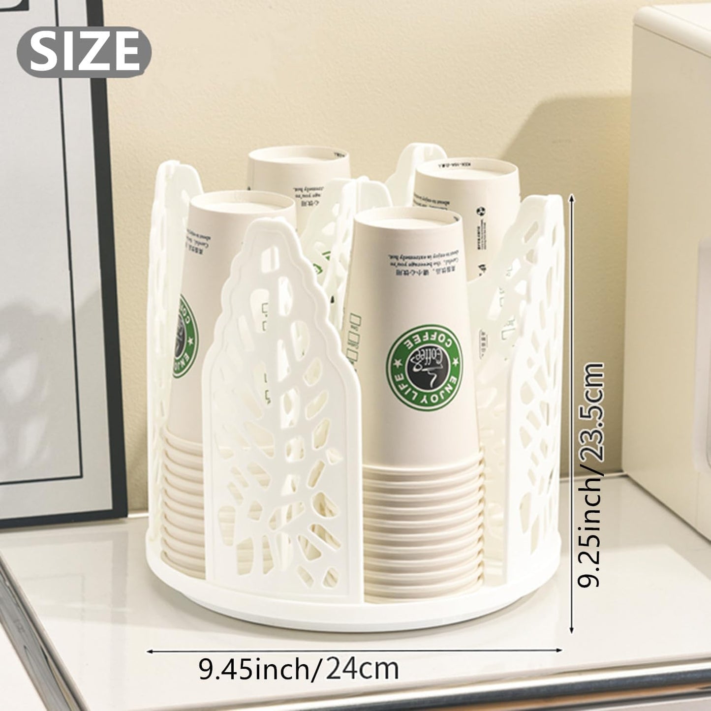 Rotating Paper Cup Dispenser Holder with 4 Compartments, Disposable Coffee Cup Storage & Lid Holder for Countertops, Kitchen, Coffee Stations (White)