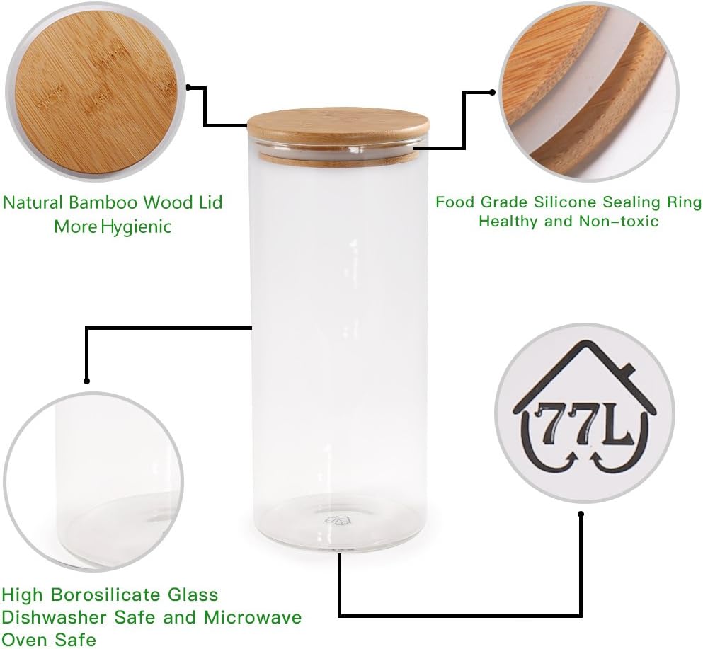 77L Glass Storage Containers with Lids [Multi-Size Set of 5], Airtight Glass Canisters for Kitchen & Pantry Organization, Clear Food Jars for Pasta, Cereal, Flour, Sugar, Coffee, Nuts & Snacks