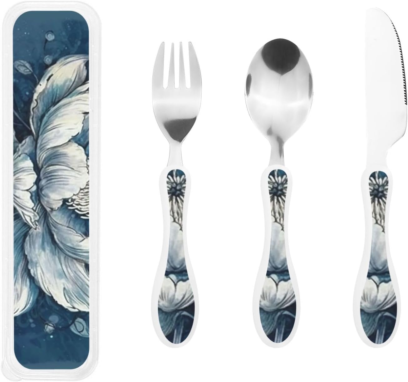 3-Piece Kids Silverware Set With Storage Case, Stainless Steel Reusable Children Safe Knife Spoon Fork Set Blue Lotus Floral Children Flatware Set For Kids Lunch Box