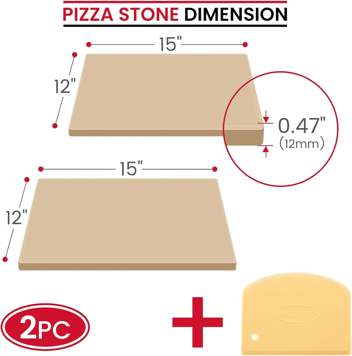 Unicook Pizza Stone for Oven Grill, 12" x 11" Rectangular Cordierite Stone