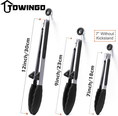 Silicone Tongs for Cooking, 3Pcs Stainless Steel Kitchen Tong with Silicone Tips, Heat Resistant Food Grade Small Serving Tong for BBQ Salad, Blue(7"+9"+12")