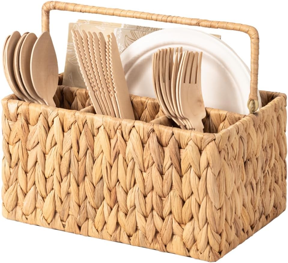 StorageWorks Wicker Silverware Organizer with Handle, Seagrass Kitchen Utensil Holder, Large Utensil Holder for Kitchen Counter, Spoon Forks Knife Cutlery Caddy, Paper Plate Dispenser for Countertop