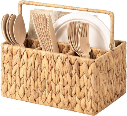 StorageWorks Wicker Silverware Organizer with Handle, Seagrass Kitchen Utensil Holder, Large Utensil Holder for Kitchen Counter, Spoon Forks Knife Cutlery Caddy, Paper Plate Dispenser for Countertop