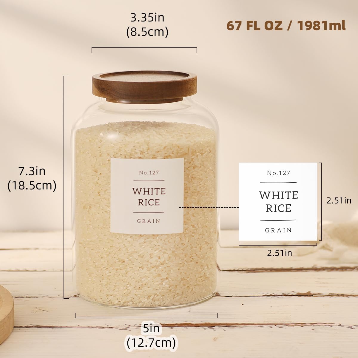 2 Pack Large Glass Flour and Sugar Storage Containers with Airtight Acacia Wood Lids and 132 Kitchen Pantey Labels Preprint - 1 Gallon Borosilicate Glass Canister Sets for Food,Pasta,Cookie,Rice