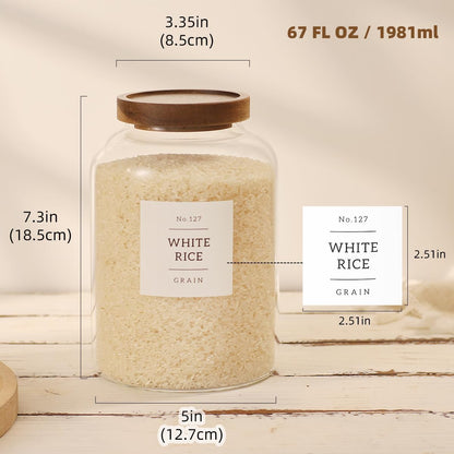 2 Pack Large Glass Flour and Sugar Storage Containers with Airtight Acacia Wood Lids and 132 Kitchen Pantey Labels Preprint - 1 Gallon Borosilicate Glass Canister Sets for Food,Pasta,Cookie,Rice