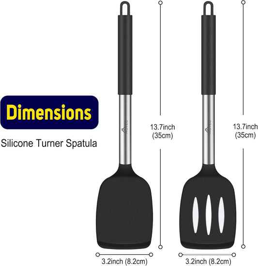 HOTEC Silicone Spatula Set of 2 Heat-Resistant 600°F & BPA-Free Kitchen SaptulaTurner with Stainless Steel Handles, Slotted & Solid Spatulas for Nonstick Cookware, 13.7 Inch, Classic Blue
